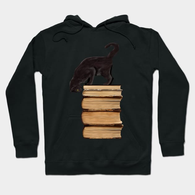 Curious Black Cat on Old Books for Literary Cat Lovers Hoodie by SirLeeTees